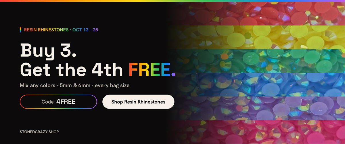 Buy 3 bags of resin rhinestones, get the 4th free with code 4FREE